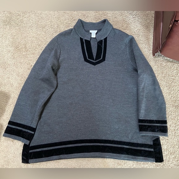 Soft Surroundings Runway Tunic Sweater Plus Size 3X Gray Wool Black Velvet Trim - Picture 1 of 9
